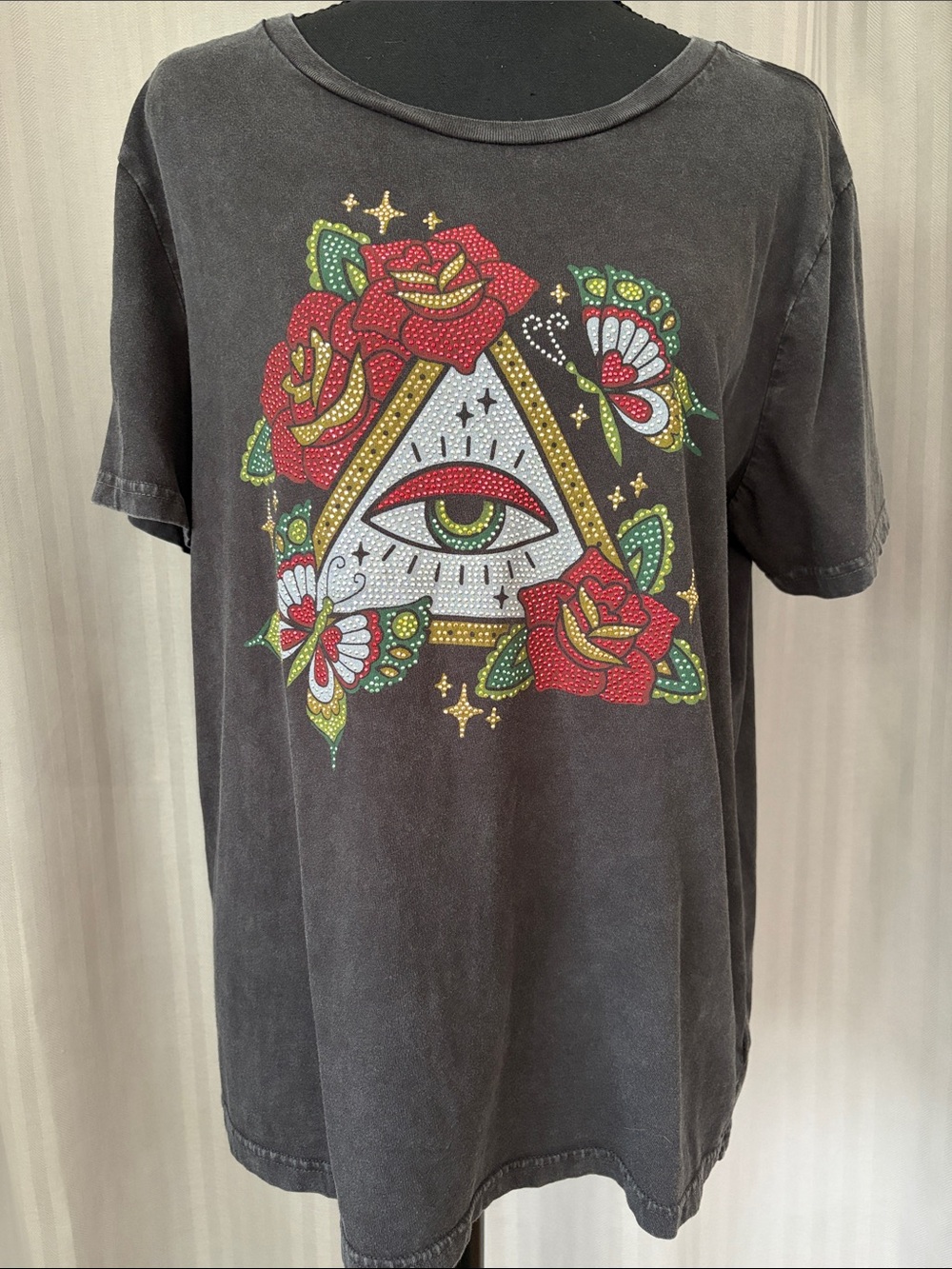Lucky Brand Black Tee with Red Rose & Gold Triangle Eye Graphic
